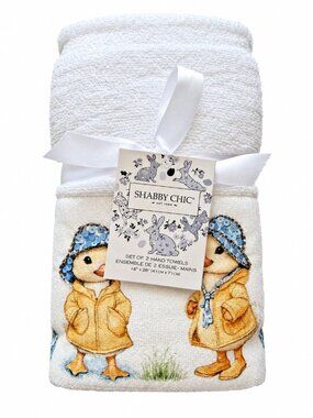 Shabby Chic Hand Towels Easter Beaded Sequin Embroidered White Ducks Set of 2